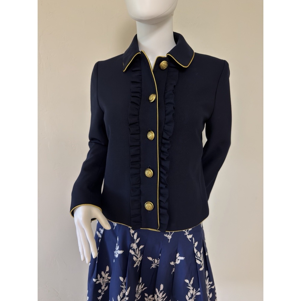 2016 J Crew Lady Ruffle Wool Blend‎ Jacket Blazer Navy Gold Piping Military US 2